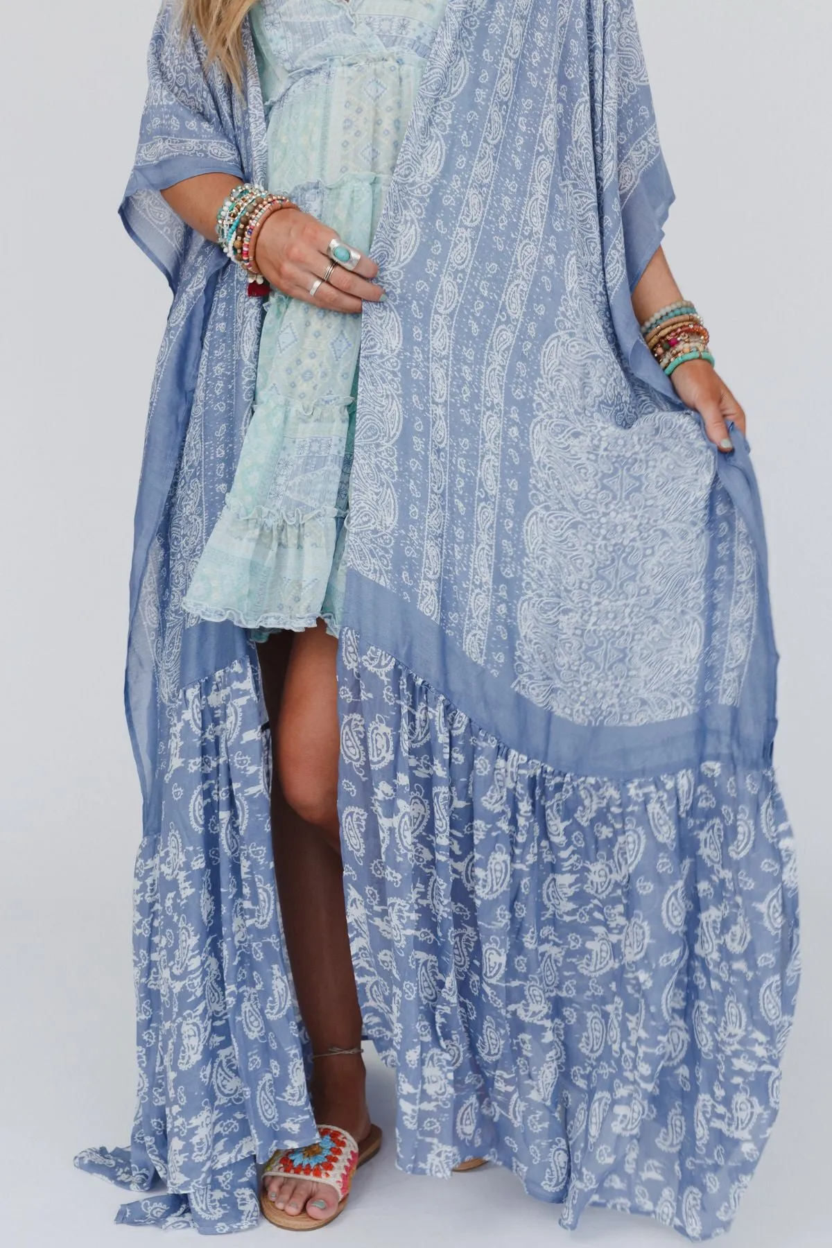 Paisley Tapestry Free Flow Duster Kimono - Chambray