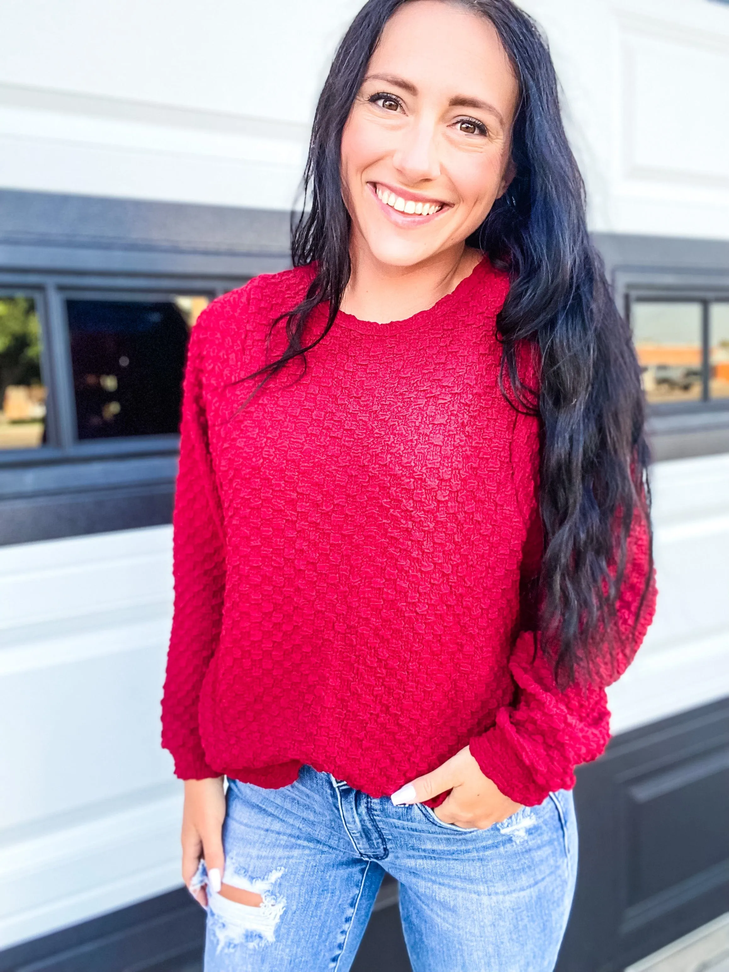 Poppin' Textured Top-Burgundy