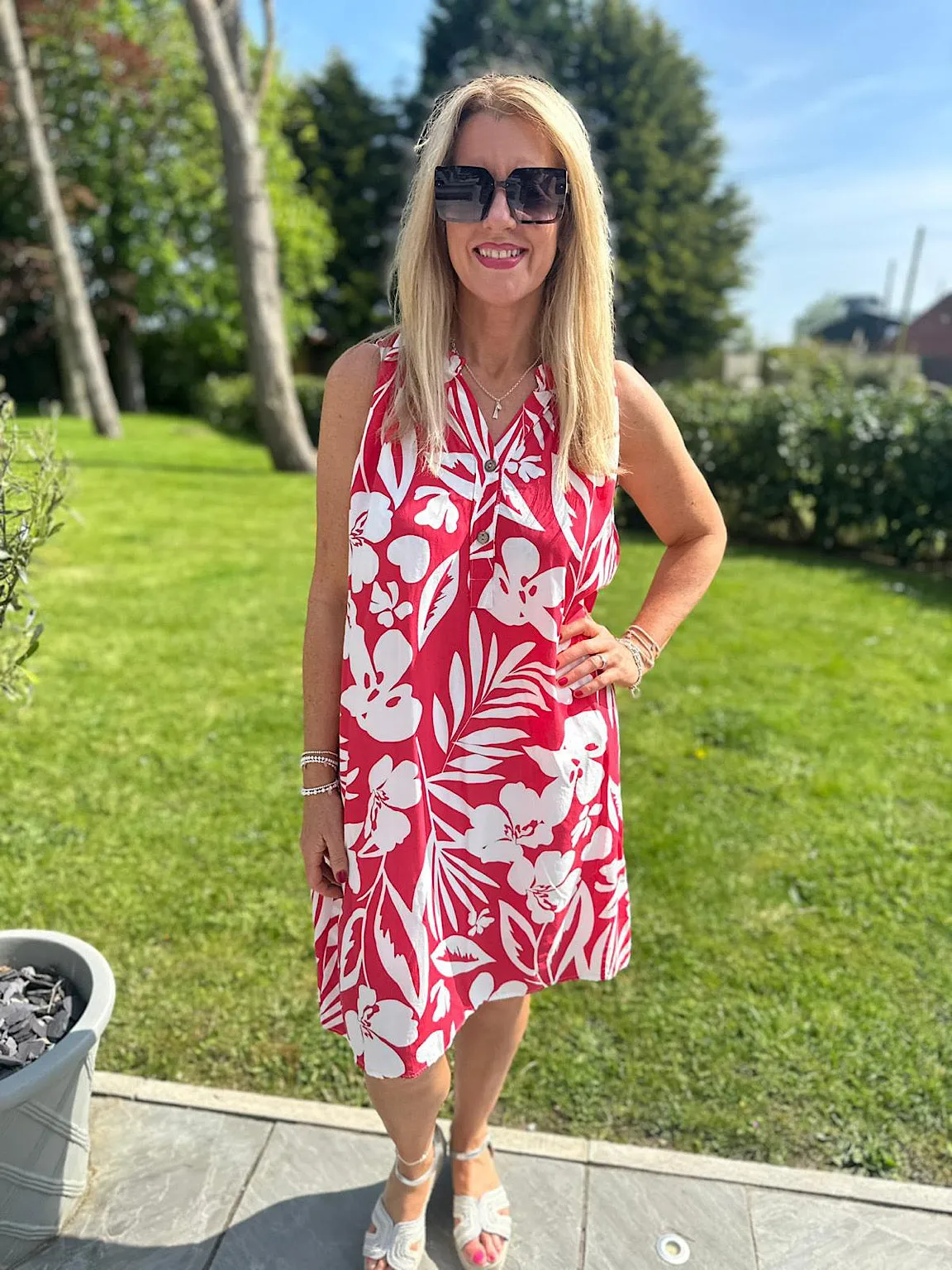 Red Floral Sleeveless Tunic Dress Jade