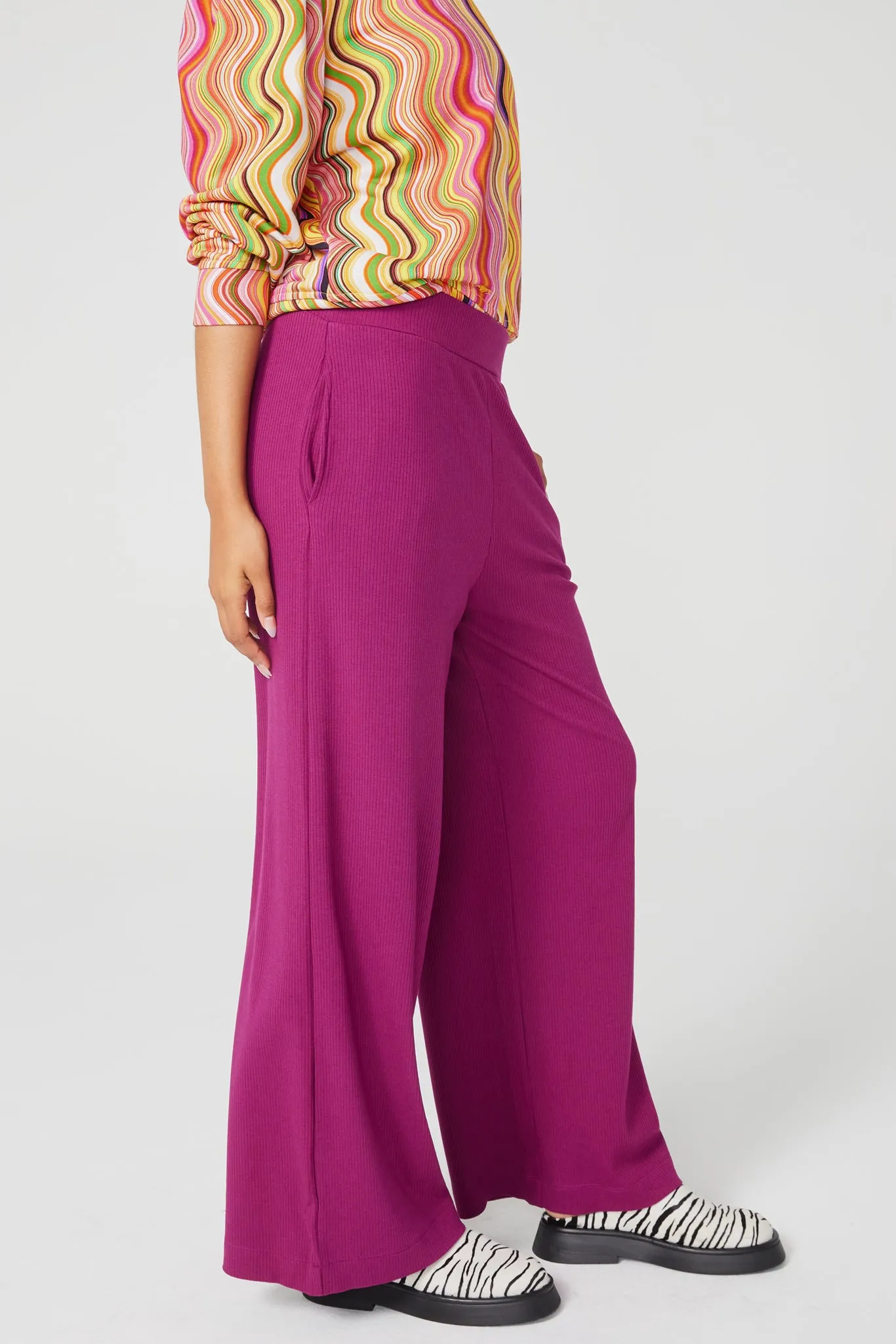 Rib Wide Leg Pant in Black Raspberry