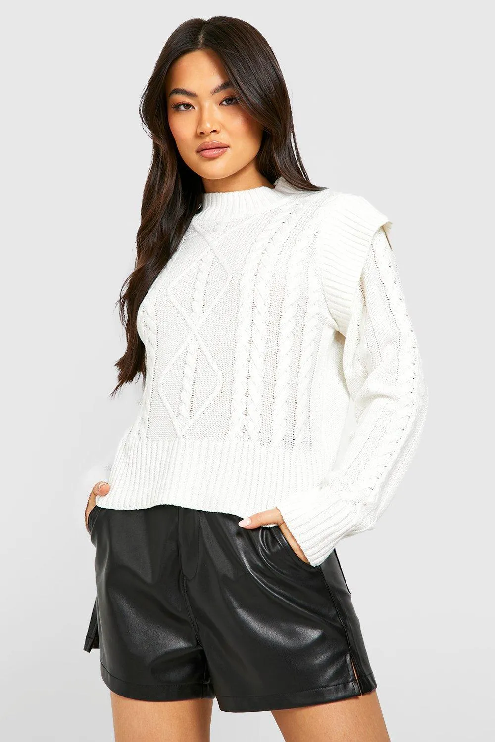 Shoulder Detail Cable Knit Crop Sweater