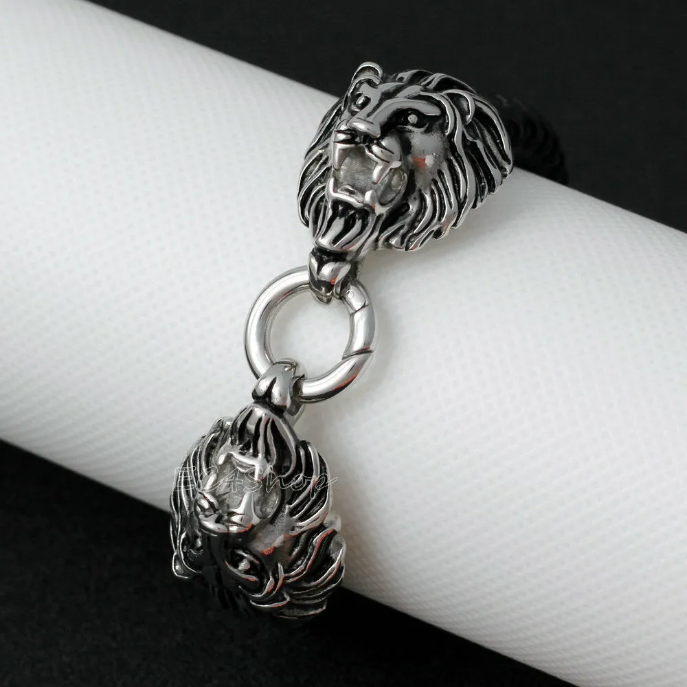 Stainless Steel Braided Black Leather Double Lions Bracelet