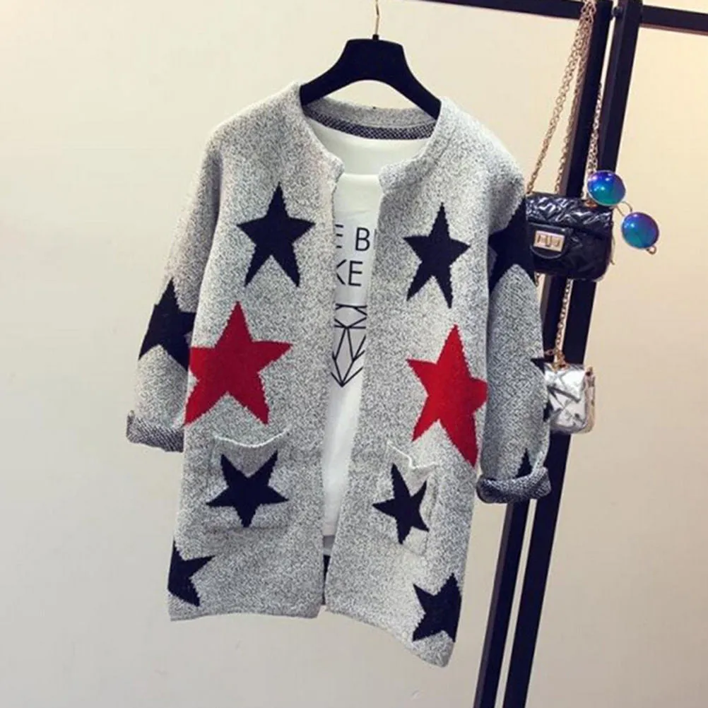 Star Printed Cardigan Sweater Long Design Knitted Sweater Lady Women Sweater Cardigans Casual Warm SM6