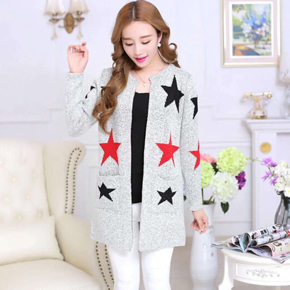 Star Printed Cardigan Sweater Long Design Knitted Sweater Lady Women Sweater Cardigans Casual Warm SM6