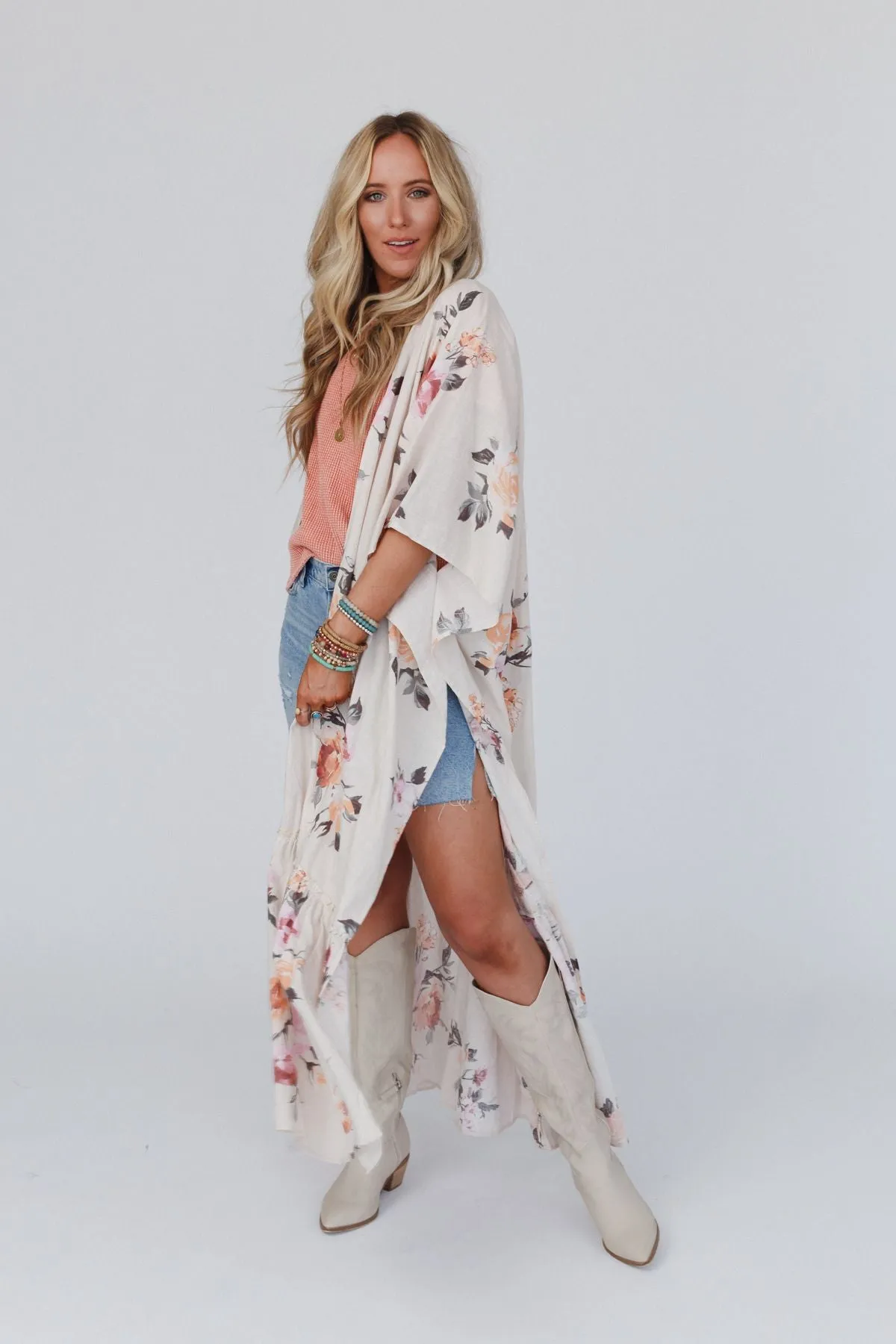 Tapestry Free Flow Duster Kimono - Ivory Floral