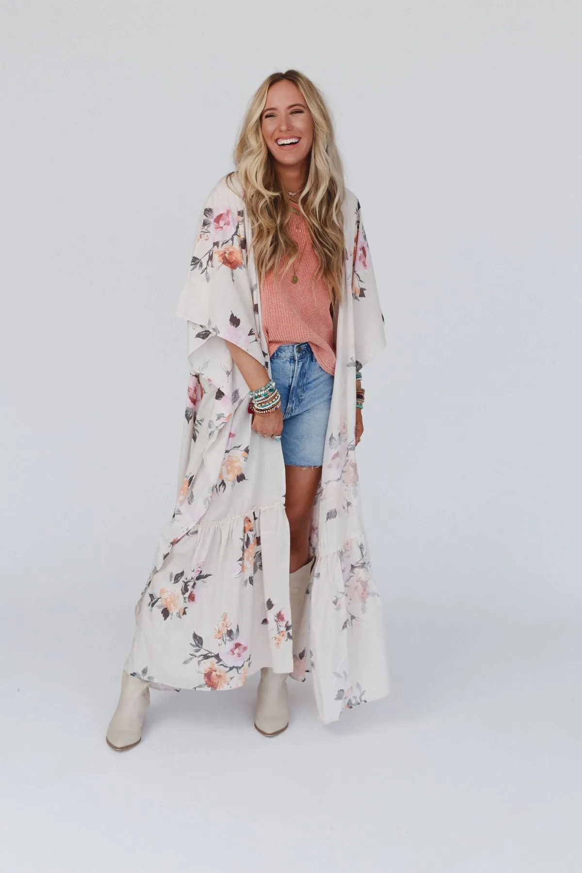 Tapestry Free Flow Duster Kimono - Ivory Floral