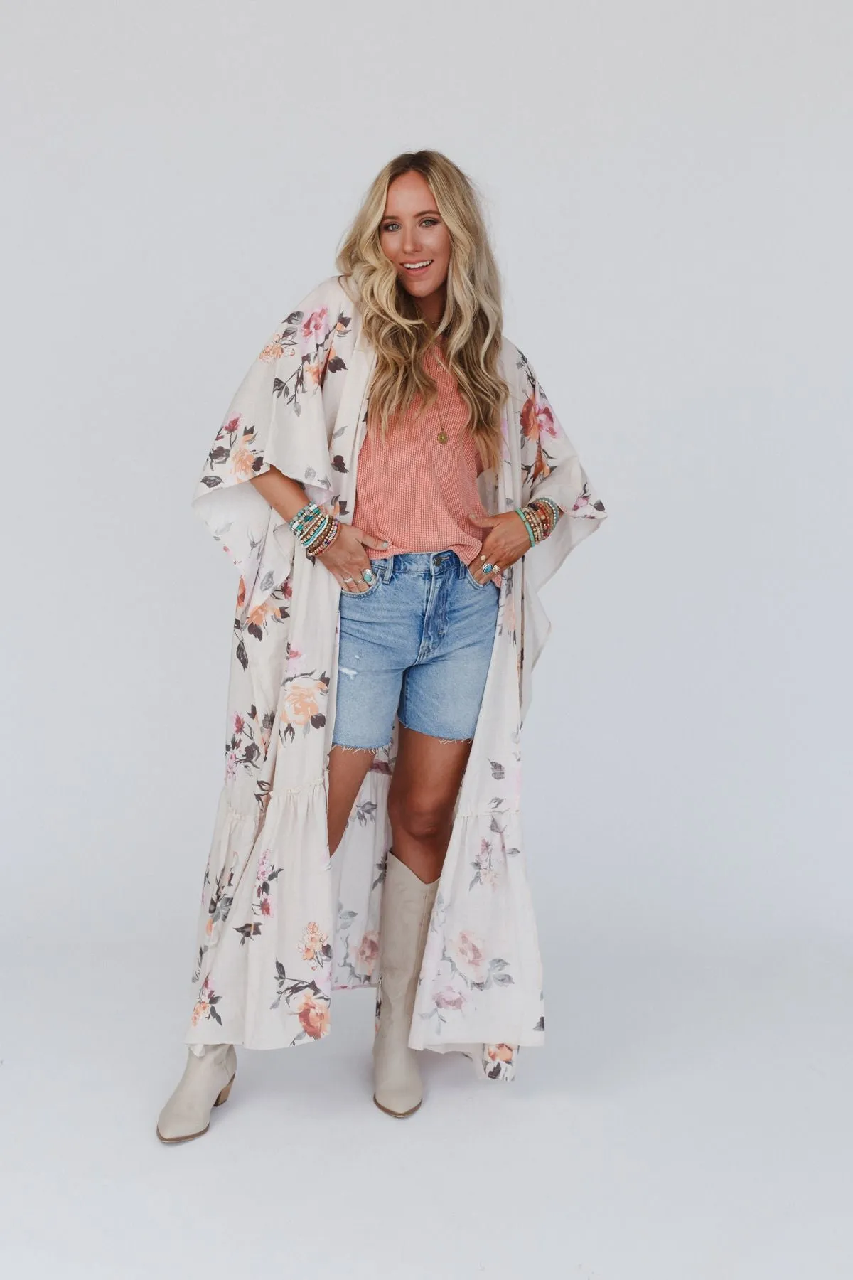 Tapestry Free Flow Duster Kimono - Ivory Floral