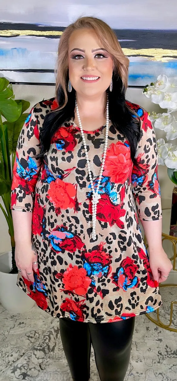 Taupe Leopard & Coral Floral Flutter Tunic