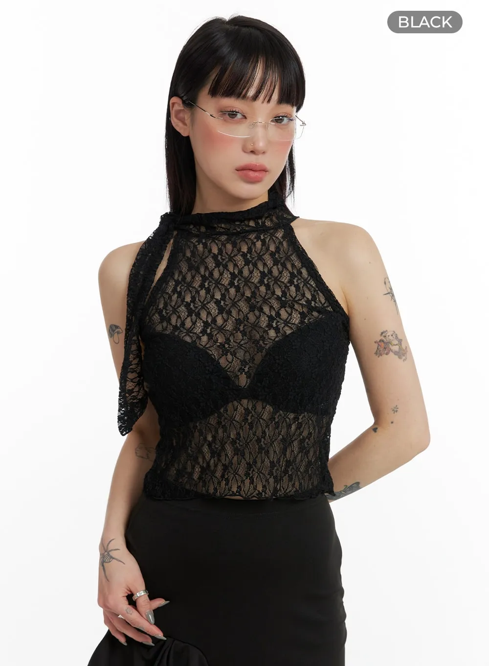 Tie Mesh Lace Sleeveless Top IF423