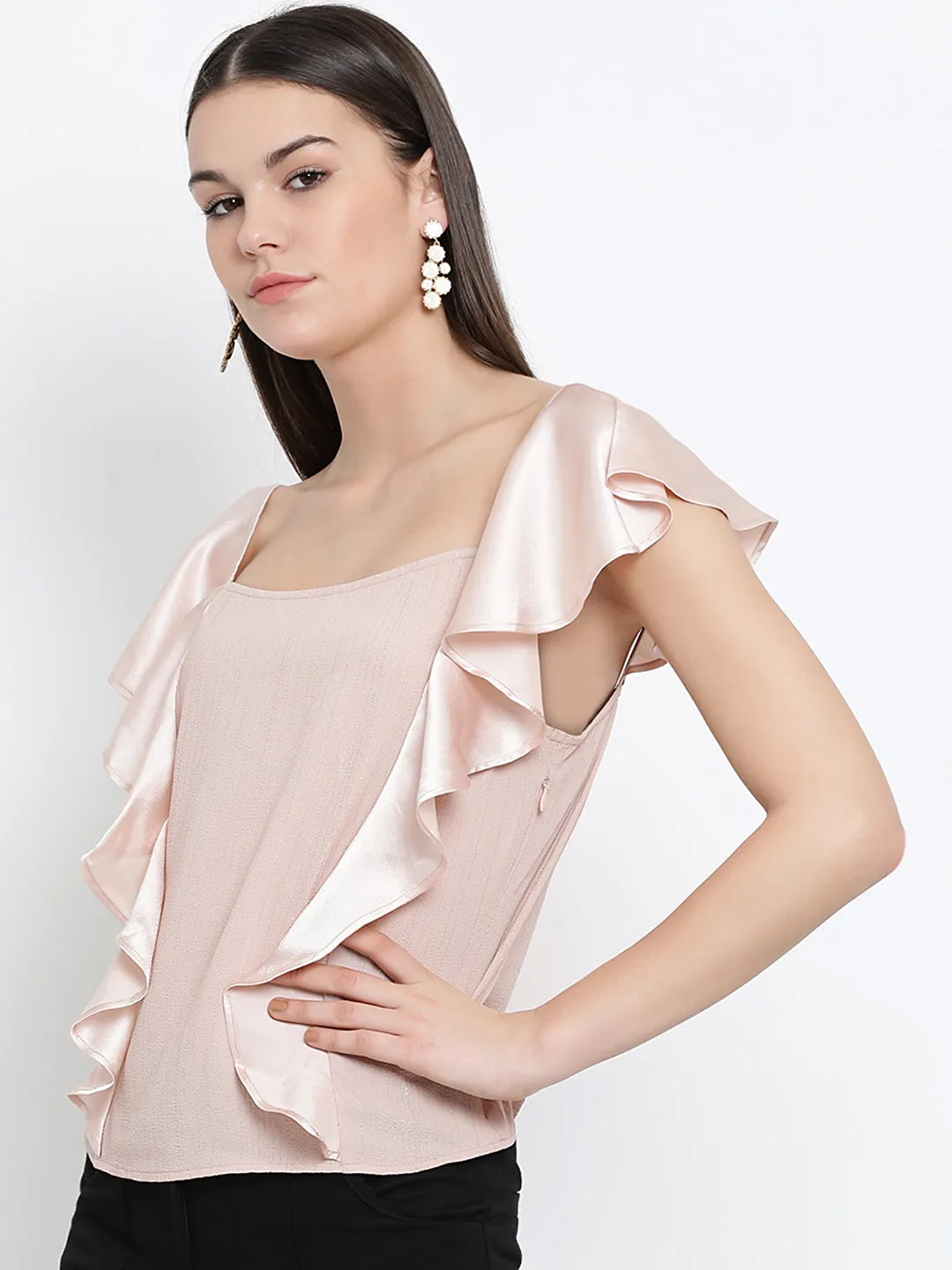 Top With Satin Sleeves & Ruffles