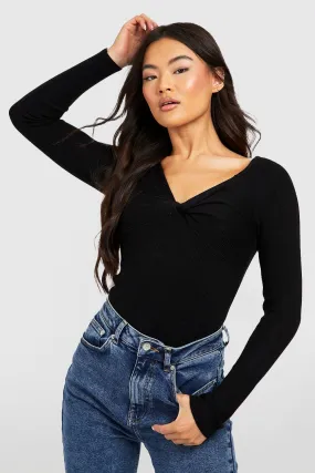 Twist Neckline Rib Knit Sweater