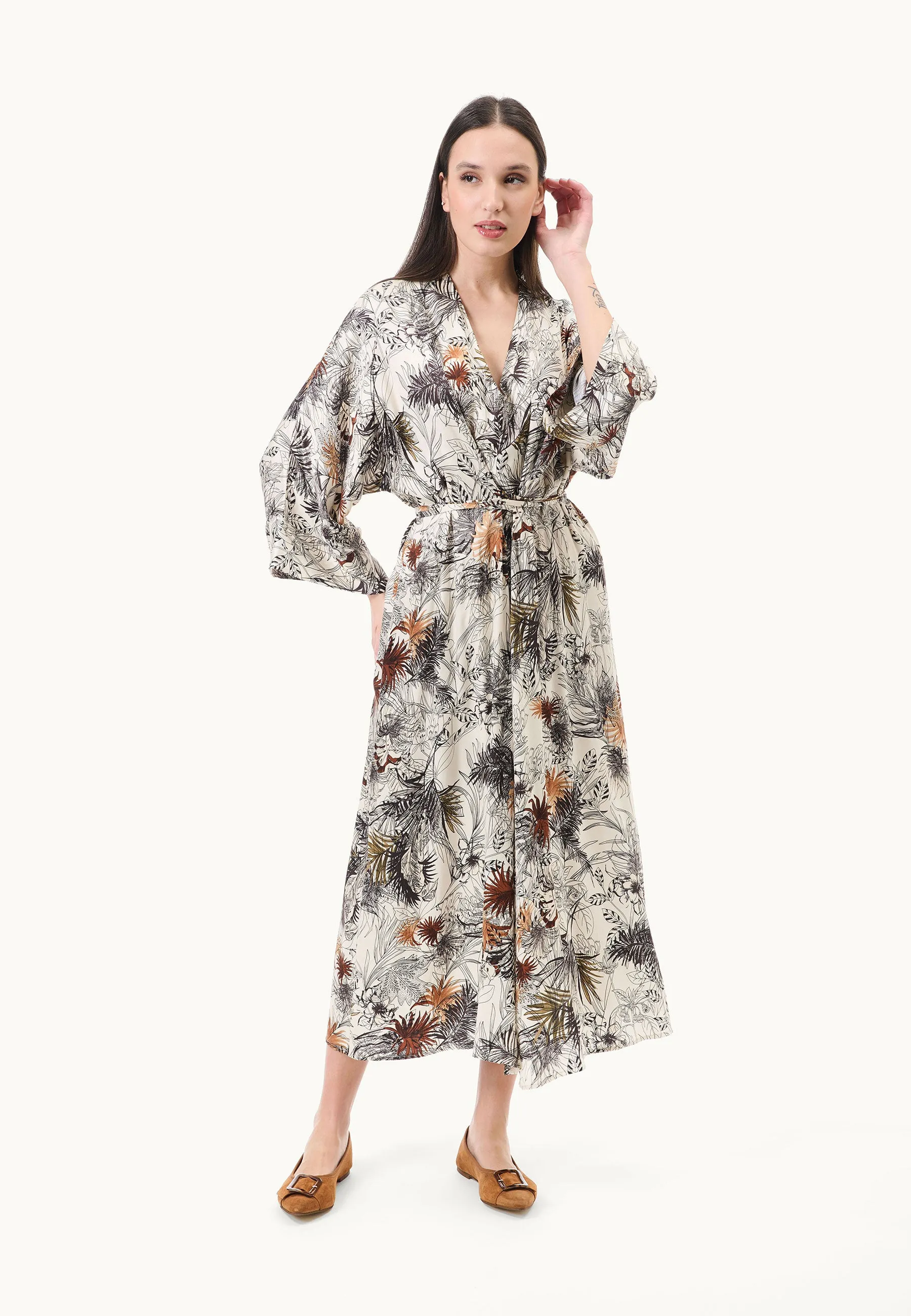 Vestito midi kimono con lacci in vita