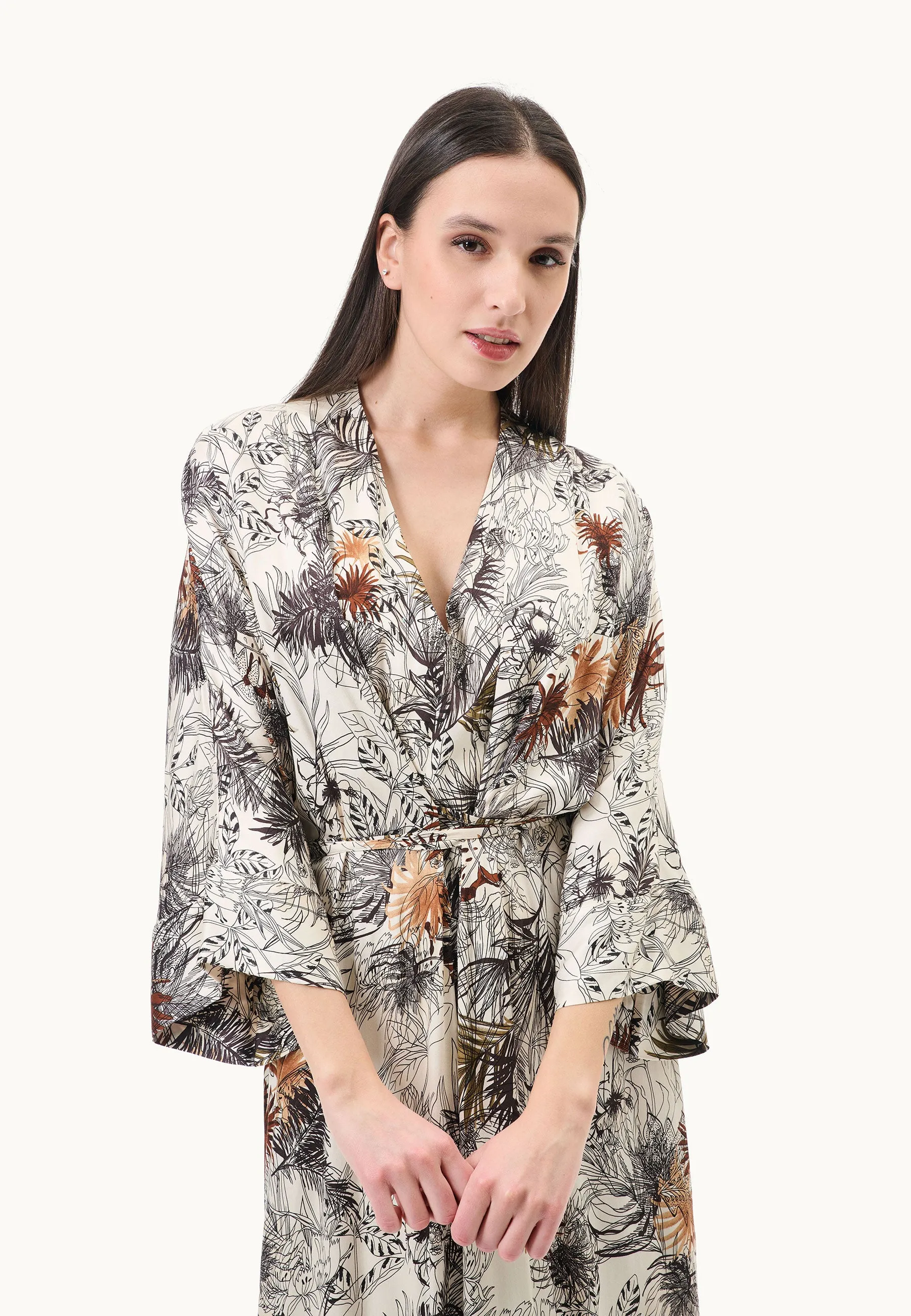 Vestito midi kimono con lacci in vita