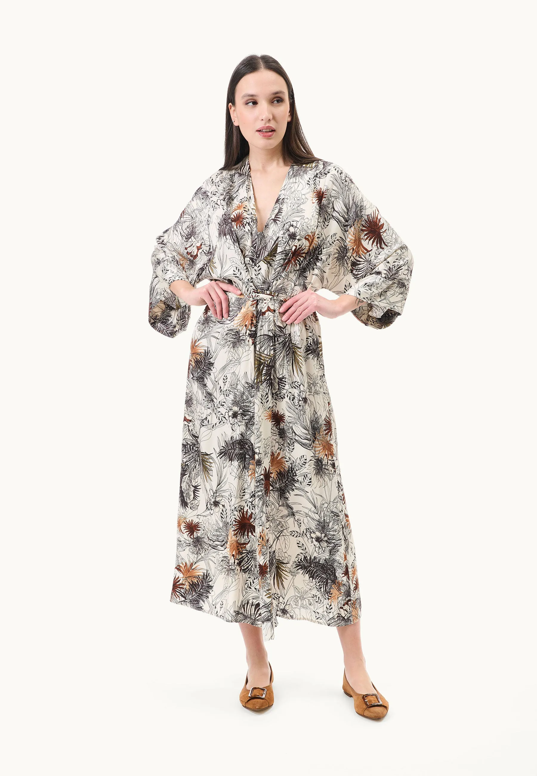 Vestito midi kimono con lacci in vita