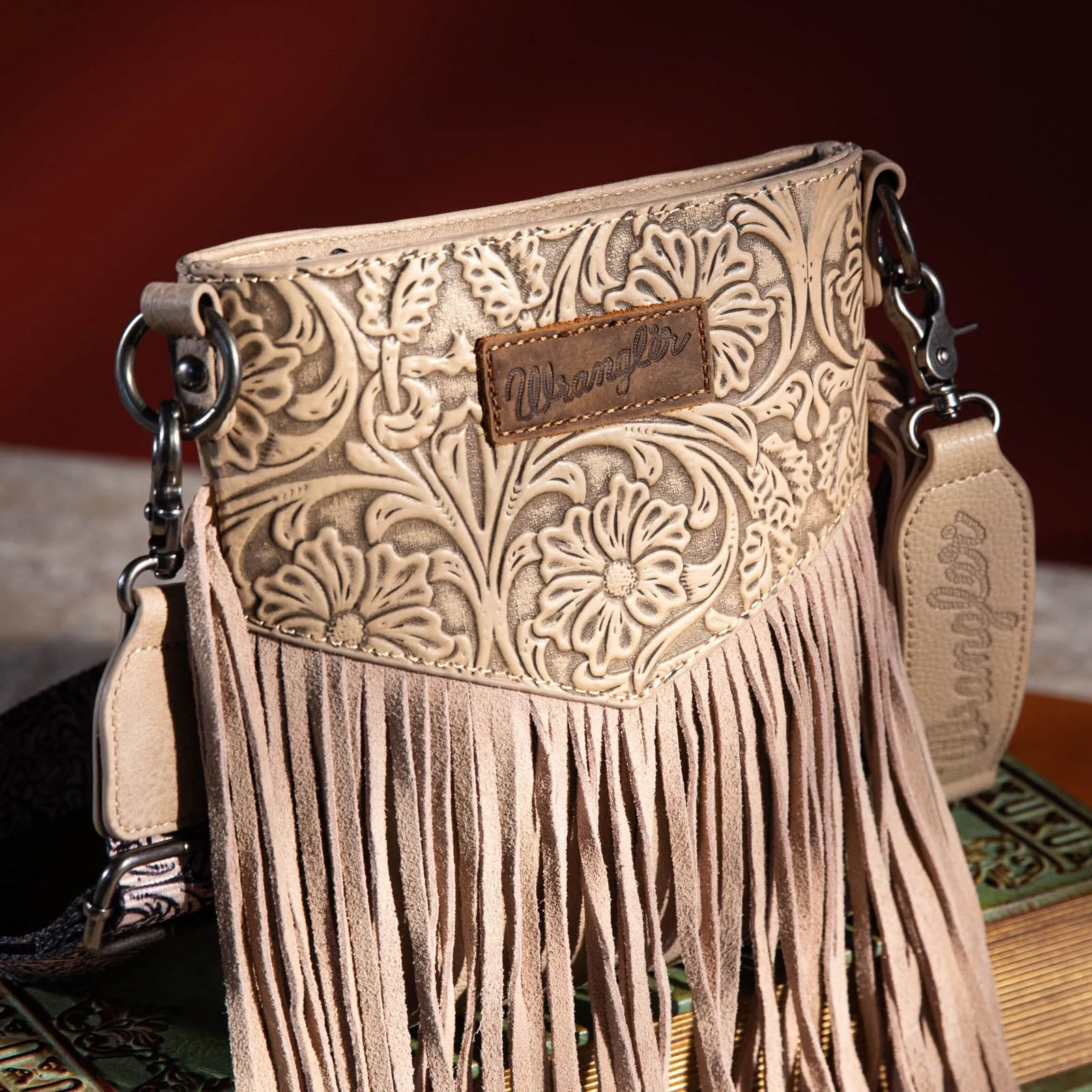 WG63-G8360 Wrangler Vintage Floral Embossed Fringe Crossbody - Khaki