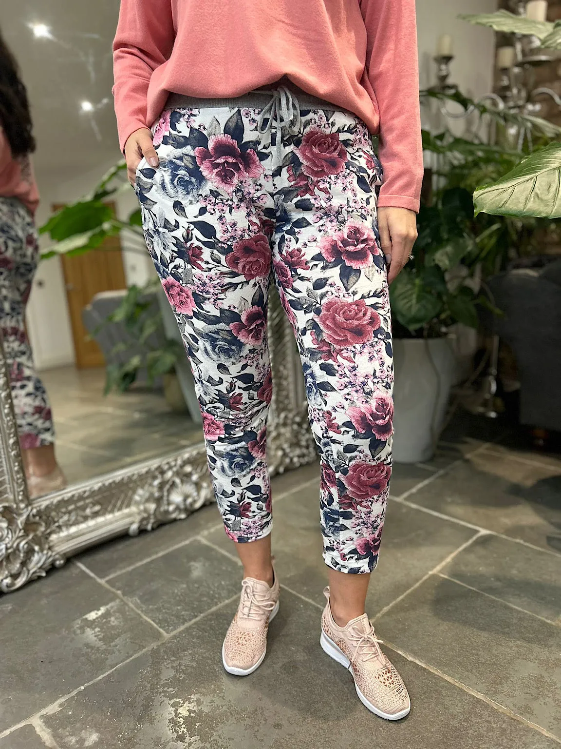 White Multi Flower Joggers