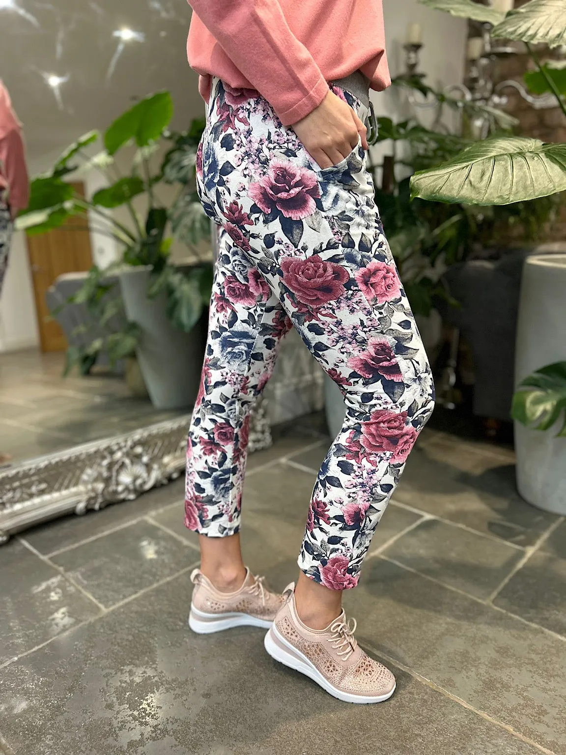 White Multi Flower Joggers