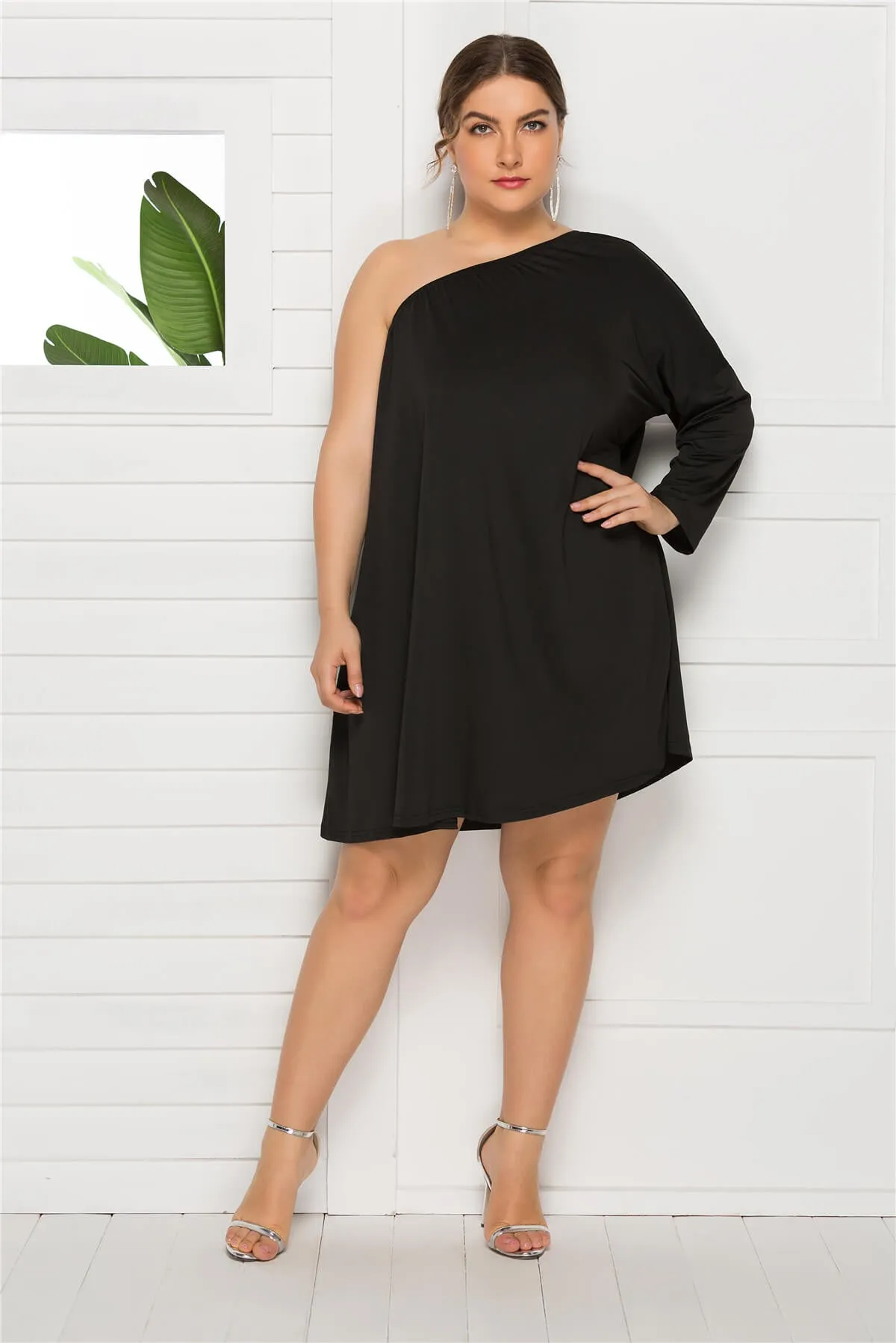 Women Plus Size Black Sexy Diagonal Shoulder Collarless Loose Long Sleeve Dress