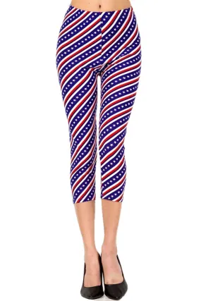 Women's Regular American Flag Diagonal Printed Cropped Capri Leggings