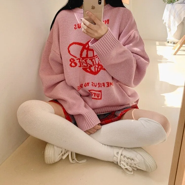 Xituodai Valentine's Day trendy mens fashion EStreet Sweater Women Earth Letter Harajuku Kniting Tops Loose Warm Pullover  Autum