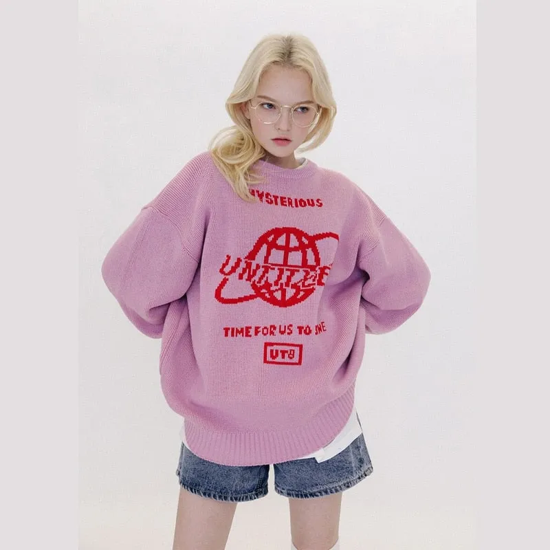 Xituodai Valentine's Day trendy mens fashion EStreet Sweater Women Earth Letter Harajuku Kniting Tops Loose Warm Pullover  Autum