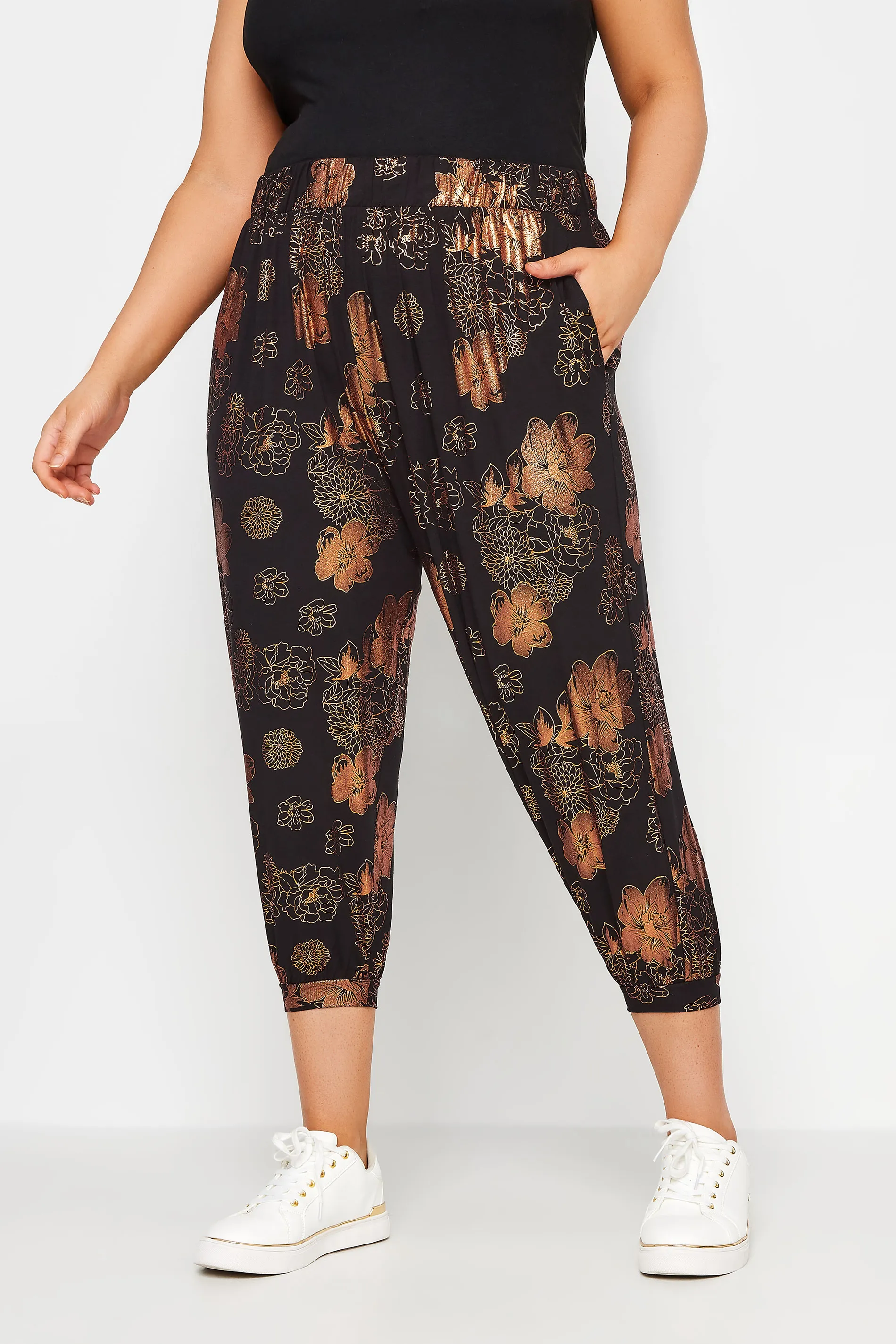 YOURS Curve Black Metallic Floral Print Cropped Harem Joggers