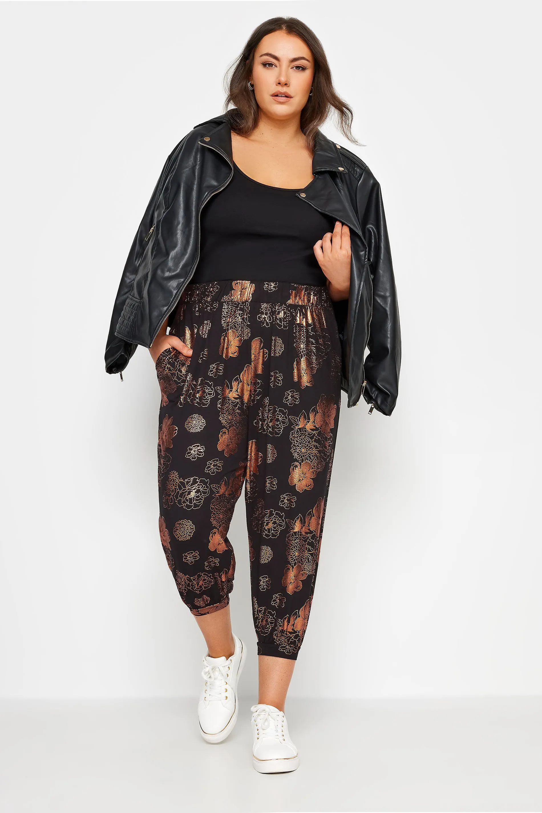 YOURS Curve Black Metallic Floral Print Cropped Harem Joggers