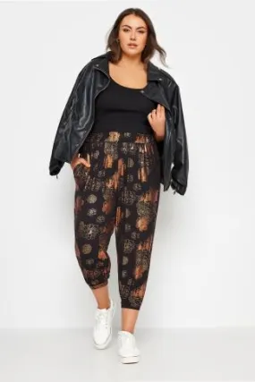 YOURS Curve Black Metallic Floral Print Cropped Harem Joggers