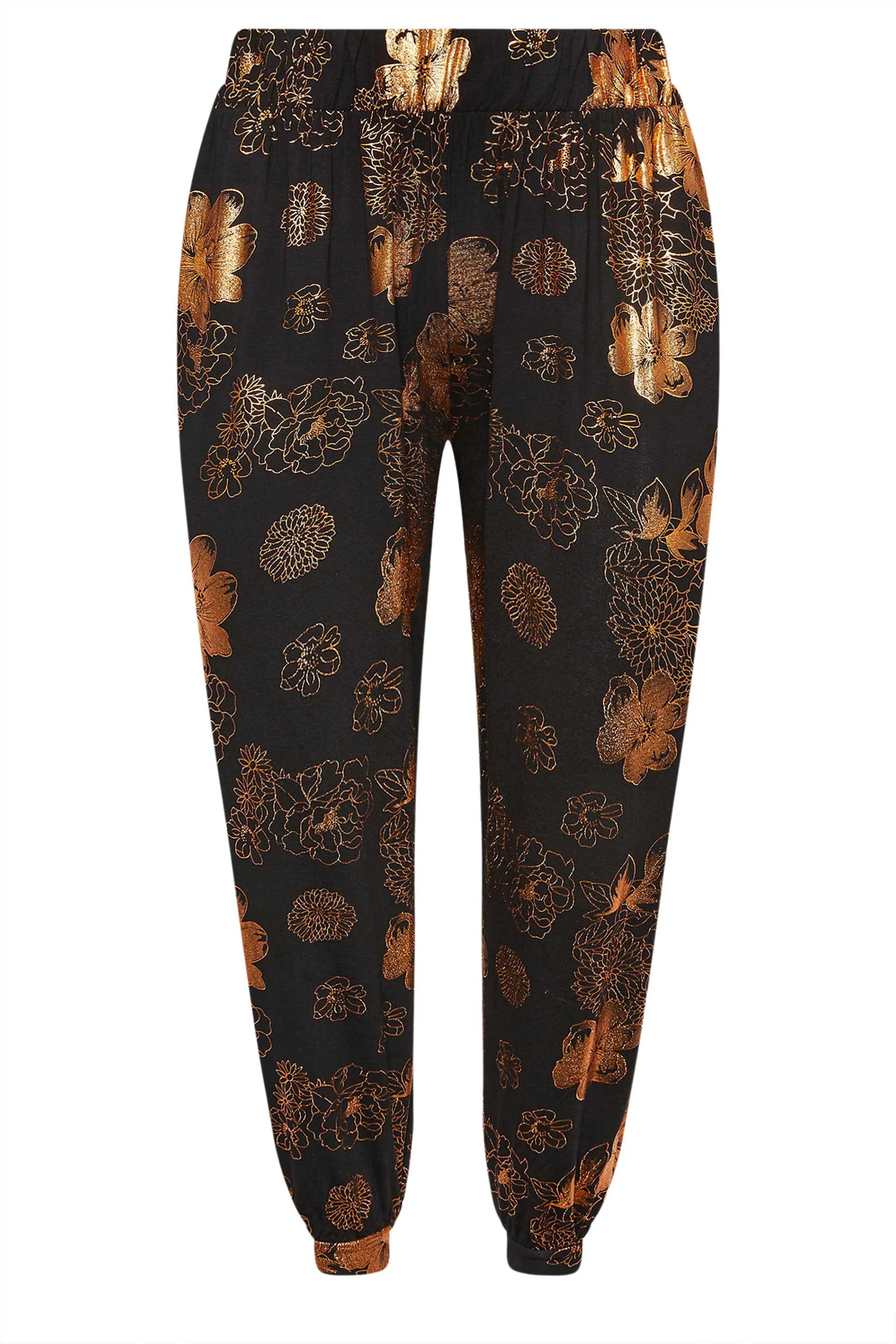 YOURS Curve Black Metallic Floral Print Cropped Harem Joggers