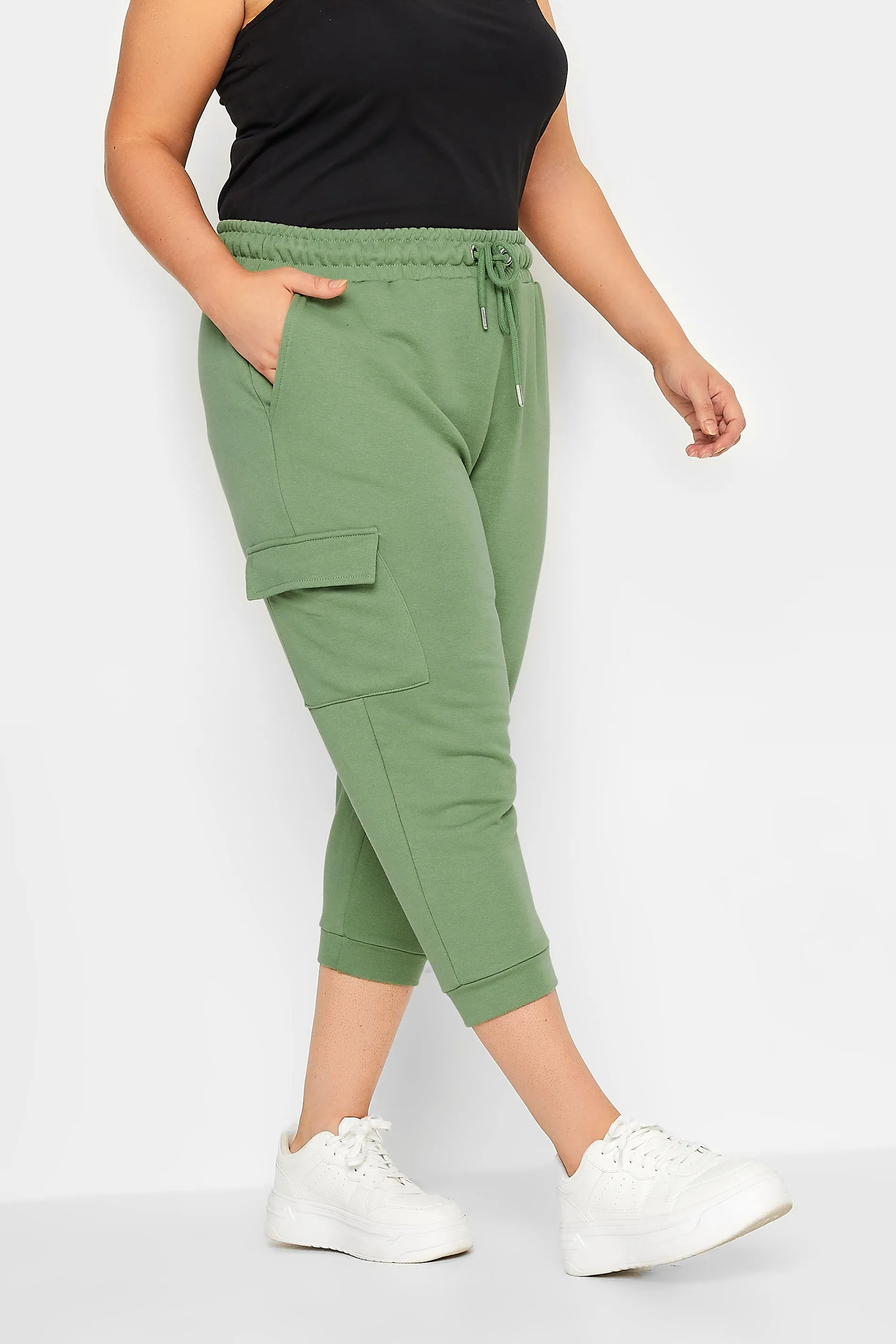 YOURS Curve Sage Green Cargo Pocket Cropped Joggers