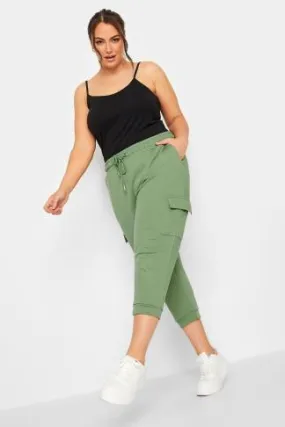 YOURS Curve Sage Green Cargo Pocket Cropped Joggers